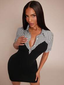 Radiana Women's Elegant Black And White Striped 2 In 1 Shirt Dress,Summer Office Business Casual Bodycon Mini Dress,Short Sleeve Stretchy Knit Work Outfits - Black - View 5