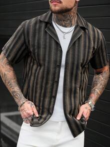 SLATEMANN 男士黑白條紋短袖領襯衫，休閒夏季鈕扣開襟上衣，復古街頭風寬鬆襯衫，度假婚禮適用 - 黑色 - 查看 5