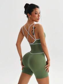 Dewbera 1pc Moisture-Wicking Seamless Yoga/Fitness Jumpsuit, Cross-Back Design, Basic Green With White Trim Bodysuit Tummy Control Backless Body Shaper Bodyshaper Bodysuit Bodysuits For Women - Multicolor - View 7