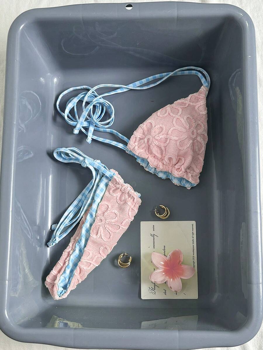 Swim Mod 女士泳装、度假和可爱比基尼、花卉棕色黄色沙滩装,适合女性外出、情人节度假、SS26夏季/西式风格、女士/俱乐部/休闲度假沙滩泳装 - 藕粉色 - 查看 1