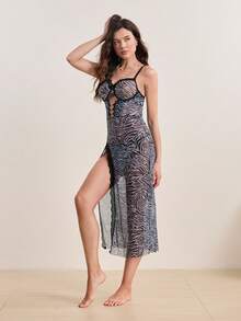 SHEIN 2pcs/Set Sexy Gothic Mesh Open Backless Nightdress With Thong Panty ClassicAnimalPrint - Multicolor - View 7