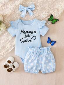 SHEIN Playful Pals Set de 3 piezas para bebé y niño pequeño: Mono casual con cuello redondo, mangas acampanadas y bordado, pantalones y diadema con moño, para primavera/otoño - Celeste - Ver 3
