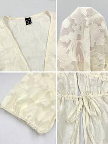 SHEIN PariChic Women's Pale Yellow Summer Elegant Mesh Jacquard Blouse,French Casual Semi-Sheer Tie Front Top,Short Sleeve Ruffle Hem Cinched Waist Shirt For Dates - Apricot - View 6
