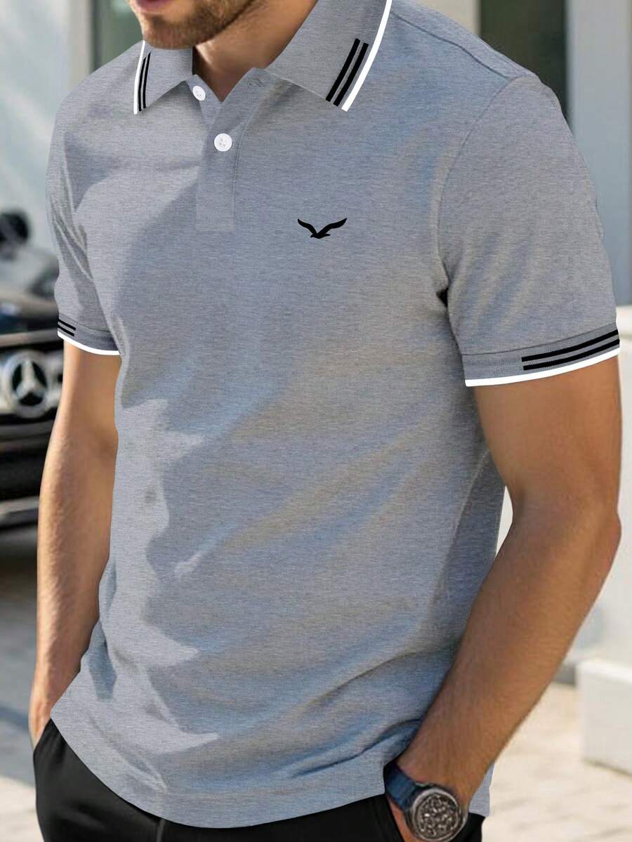 Manfinity Mode 男士条纹休闲通勤短袖Polo衫 - 淺灰色 - 查看 1