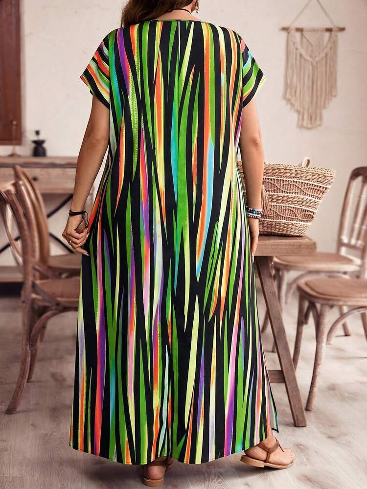 Plus Size Women's Striped Color Block Side Reflected Color Striped Maxi Long Beach Dress For Vacation Summer Dress  Summer Outfits Summer Clothes Spring Dress Spring Outfit Women Spring Clothing Floral Dress Floral Dresses For Women Beach Vacation Outfits For Women Vacation Dress Bohemian