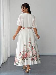 Elenzga Vestido corto/largo elegante y romántico con estampado floral, cuello en V y mangas abullonadas de gasa para mujer talla grande, primavera/verano - Multicolor - Ver 2