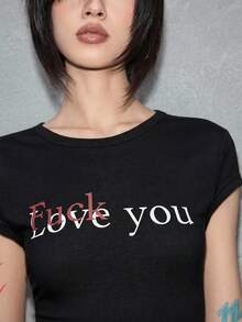 ROMWE Avant 极简基础款趣味标语印花圆领修身短袖T恤 - 黑色 - 查看 4