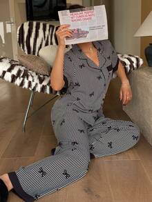 Napfluff Bộ đồ ngủ ngắn tay và quần kẻ sọc phối màu tương phản, cổ bẻ, cài cúc, thích hợp mặc ở nhà, thích hợp cho mùa xuân/hè, quần áo kẻ sọc đen, phù hợp mặc ở nhà. - màu đen - Xem 4