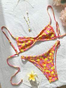 Swim Mod Spring/Summer Digital Print Wireless Camisole Top And Swim Shorts Women's Beach Holiday Cute Bikini Set Set - Multicolor - View 1
