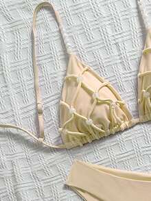 Swim Mod Women's Handmade Beaded High-End Retro Triangle Bikini, Bead Decor Sexy Swimwear For Beach, Resort, Pool Party, Solid Color, Spring/Summer, Versatile Bikinis Set For Women - Light Yellow - View 4