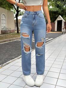 SHEIN PETITE PETITE Women's Summer Casual High Waist Ripped Straight Leg Jeans Light Blue Distressed Frayed Edge Baggy Denim Pants With Pockets Perfect For Streetwear & Daily Outfits Women's Casual Slim Tapered 7/8 Length Denim Jeans, Blue Low Rise Baggy Jeans,Bootcut Women Jeans,Petite Women Jeans - Blue - View 1