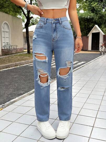 SHEIN PETITE PETITE Women's Casual Slim Tapered 7/8 Length Denim Jeans, Blue Low Rise Baggy Jeans,Bootcut Women Jeans,Petite Women Jeans