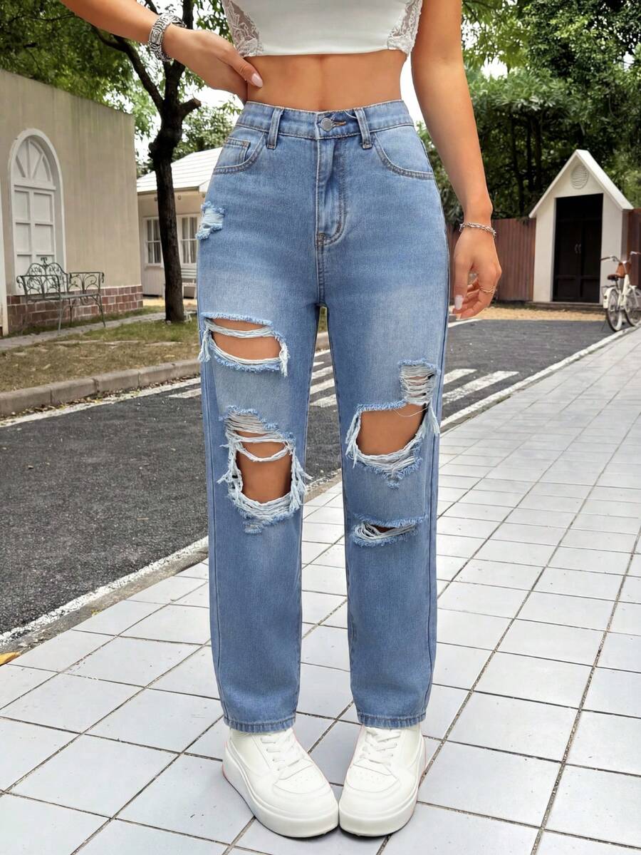 SHEIN PETITE PETITE Women's Summer Casual High Waist Ripped Straight Leg Jeans Light Blue Distressed Frayed Edge Baggy Denim Pants With Pockets Perfect For Streetwear & Daily Outfits Women's Casual Slim Tapered 7/8 Length Denim Jeans, Blue Low Rise Baggy Jeans,Bootcut Women Jeans,Petite Women Jeans - Blue - View 1