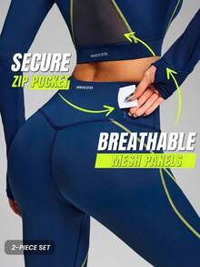 Innovista Women's Mesh Patchwork Long Sleeve Zip-Up Mock Neck Top And Leggings Equestrian Outfit - White - View 2