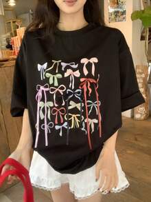 DAZY Women's Bow Print Round Neck Short Sleeve Casual T-Shirt - Black - View 4