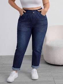 SHEIN Tall CURVE Summer Tall CURVE Plus Size Woman Casual Outfit Elastic Waist Denim Pants For Women Rolled Cuff Loose Jeans Washed High Tapered - Black - View 6