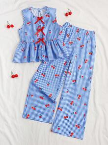 2 peças/Conjunto Top Regata e Calça Combinando com Listras Azuis e Brancas e Estampa de Cereja Doce para Meninas, Adequado para Uso Externo, Casual, Esporte e Lazer - Multicolorido - Visão 3