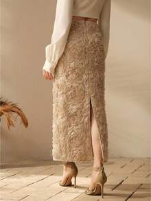 Anewsta 女士优雅3D立体花卉半身裙 - 卡其色 - 查看 7