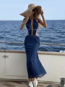 Aloruh 女士露背系带褶皱性感连衣裙，适合派对和活动 - 藏蓝色 - 查看 10