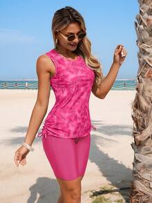 Swim Lushoire Bộ đồ bơi 2 mảnh dành cho nữ, gồm áo tankini cổ tròn và quần short, thích hợp cho kỳ nghỉ hè, trang phục đi biển kín đáo cho nữ, bộ đồ bơi giúp định hình vòng eo cho nữ, trang phục mùa hè, trang phục du lịch biển cho nữ, bộ đồ tập yoga vùng Caribbean cho nữ. - Hồng - Xem 1