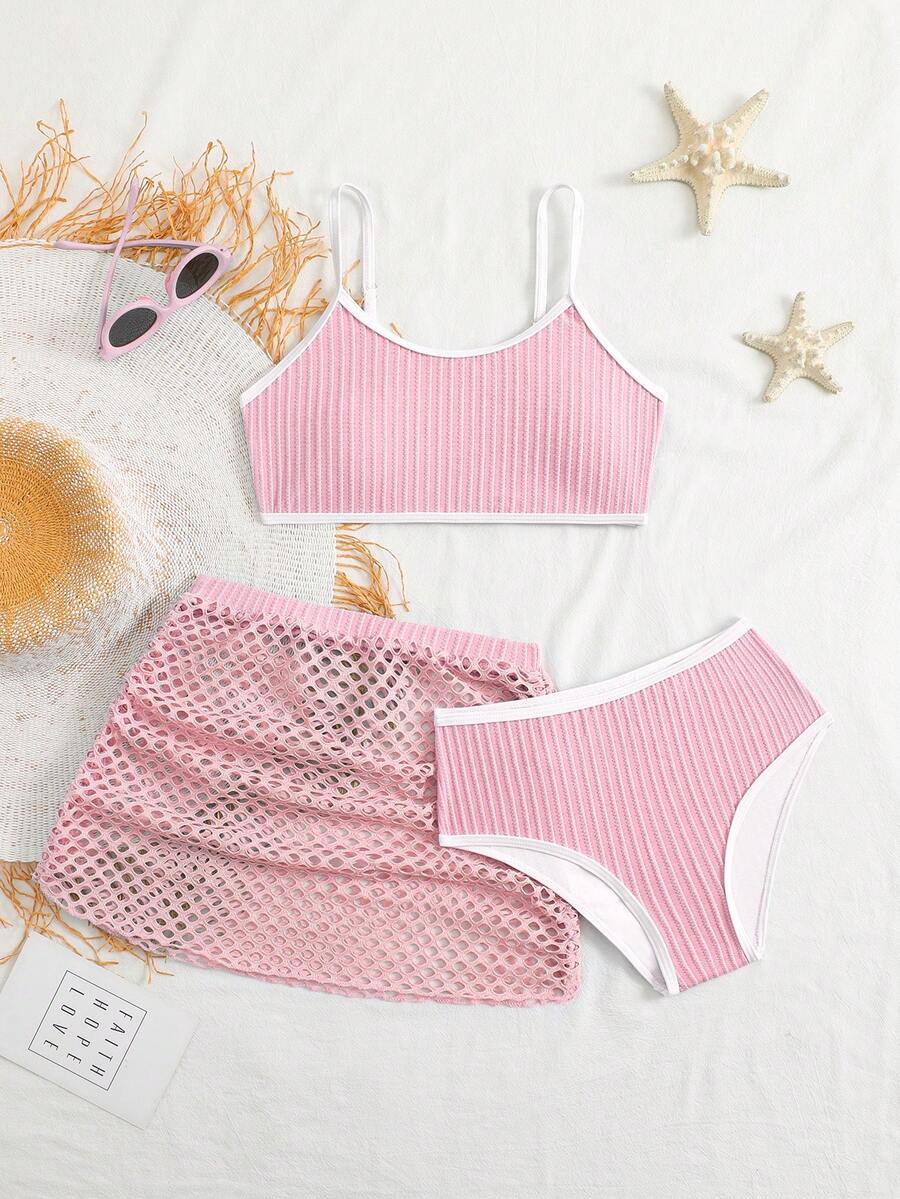 SHEIN 3件套女童比基尼套装，特殊面料，夏季沙滩泳装 - 粉色 - 查看 1
