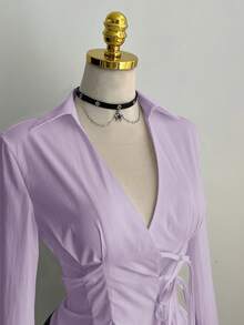 Elamini 性感立领侧边系带修身长袖女式衬衫 - 淡紫色 - 查看 3