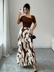 SHEIN Elenzya Abito a-line con scollo a v e vita stretta, con motivo astratto bianco e nero e decorazione con fibbia elegante per uso quotidiano, vacanza, pendolarismo, San Valentino, appuntamento, streetwear, festa, primavera/primavera-estate - Castano - Visualizzare 5