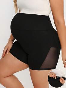 Plussiva Plus Size Maternity Summer Casual Commuter High Waist Patchwork Sheer Mesh Skinny Shorts - Black - View 9