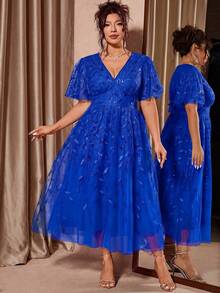 Allurite Plus Size Elegant V-Neck Mesh Sequin Ruffle Hem Party Dress, Red - Blue - View 7