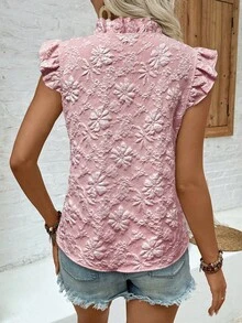 SHEIN LUNE 休闲度假及日常穿着荷叶边袖蝴蝶结印花杏色女式衬衫 - 粉色 - 查看 2