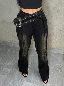 Dayanna Comas Quần jeans ống loe cạp trễ dành cho nữ có khóa cài hình mặt trời và lỗ xỏ dây, màu đen - màu đen - Xem 6