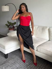 Tyla Gomez 抽褶高開叉包臀中長半身裙 - 黑色 - 查看 1