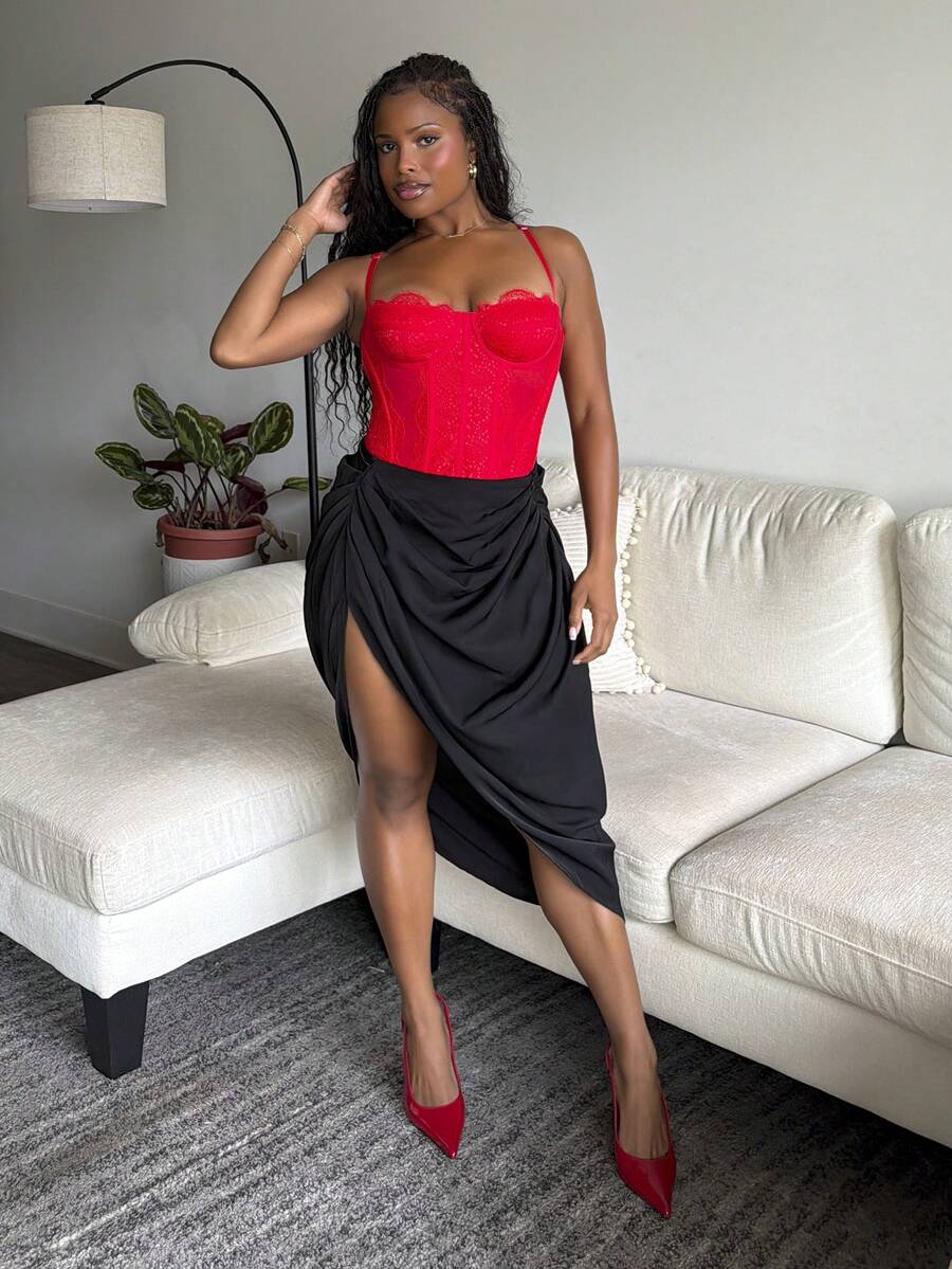 Tyla Gomez 抽褶高開叉包臀中長半身裙 - 黑色 - 查看 1