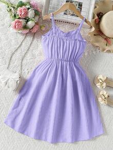 SHEIN Vestido De Encaje Con Tirantes De Contraste Para Niñas Preadolescentes - Morado - Ver 2