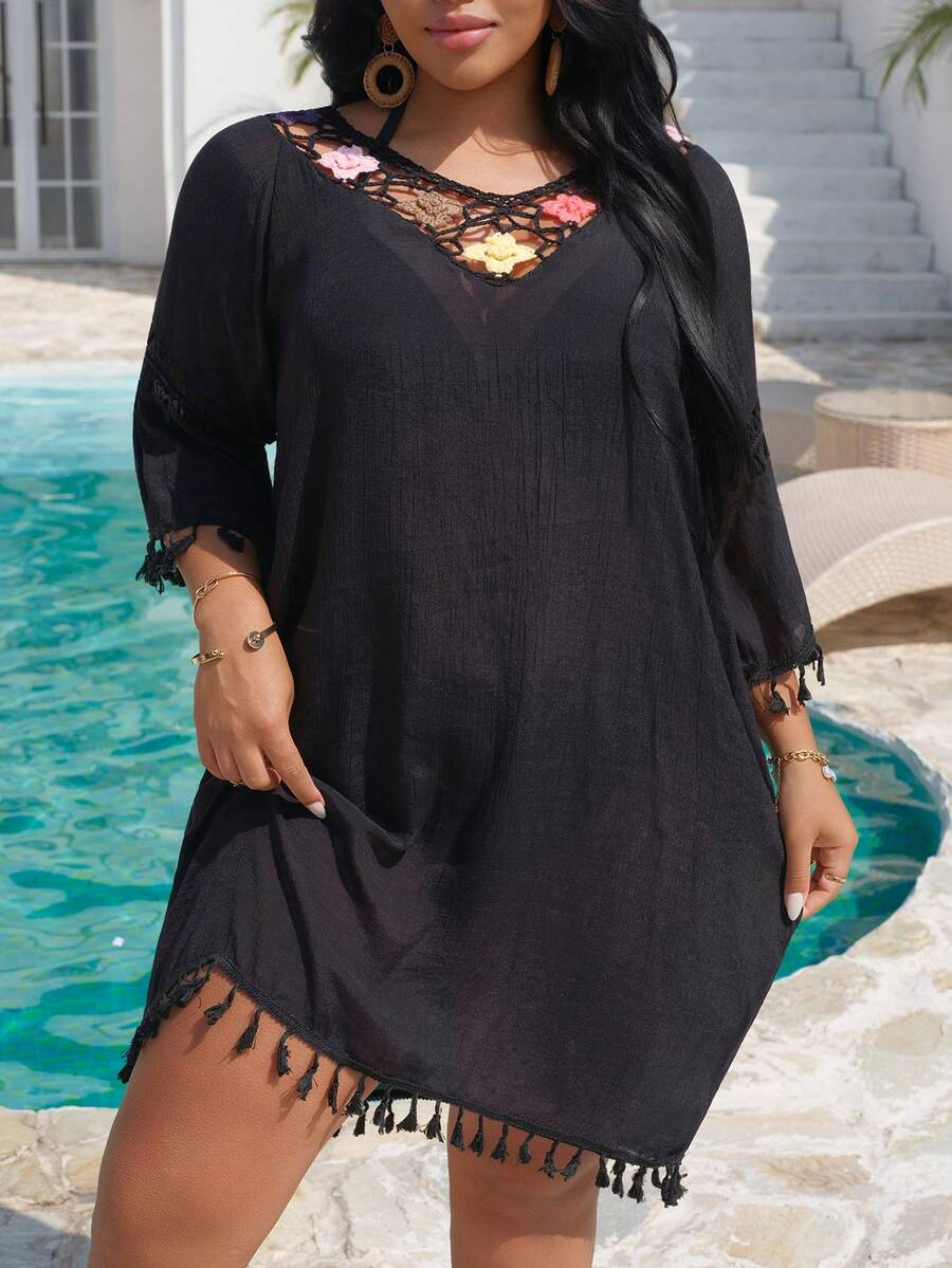 Swim Lushoire Plus Size Handmade Colorful Crochet Lace Long Sleeve Beach Cover Up - Black - View 1