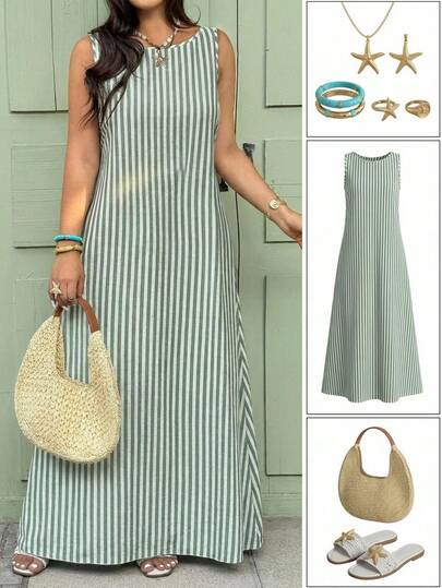 Vionelle Plus Size Woven Round Neck Sleeveless Casual Flared Striped Dress Loose Summer Dress One Shoulder Summer Dress Vertical Stripe Dress Green Summer Dress Women Mint Green Dress Women Sage Dress Women Mint Green Elegant Dress Women Green And White Dress