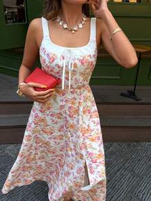 女士碎花扭结前襟中长连衣裙，时尚百搭，适合度假、约会和外出。 - 彩色 - 查看 12