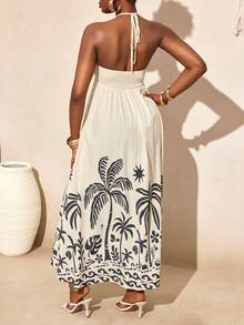 BamGleam Women's Palm Tree Print Dress, Vacation Style - Black and White - View 2