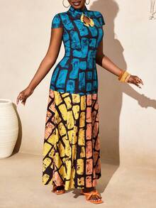 BamGleam New Popular Printed Water Droplet Small Stand Up Collar Dress - Blue - View 5