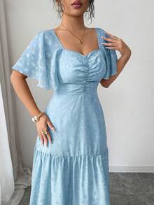 Modelyn Đầm chiffon jacquard cổ vuông, viền bèo nhún dành cho nữ, kiểu dáng lãng mạn và thanh lịch. - Màu xanh lam - Xem 3