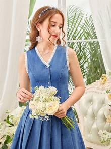 2件套蓝色牛仔无袖背心和百褶迷你裙，适合少女穿着 - 中等水洗藍 - 查看 6