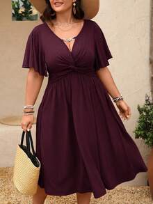 DreamSkyne Plus Size Women's Spring/Summer Chain Link Ruffle Twist Waist Textured Knit V-Neck A-Line Midi Dress - Burgundy - View 7