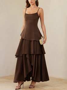 Aveloria Rosie Đầm hai dây kiểu Pháp thanh lịch, gợi cảm với phần gấu váy xếp lớp, cổ khoét sâu, hở lưng, không tay. - màu nâu - Xem 3