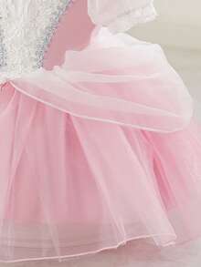 SHEIN Glamorique Kids 女婴公主薄纱连衣裙，粉色网纱连衣裙，泡泡袖，生日派对，婚礼节日正式礼服，珠宝装饰，四季皆宜，优雅正式礼服 - 淺粉色 - 查看 5