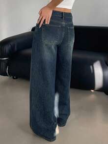 Dazy Tall 女士高个子做旧装饰宽松直筒牛仔裤，休闲街头风长裤 - 中等水洗藍 - 查看 3