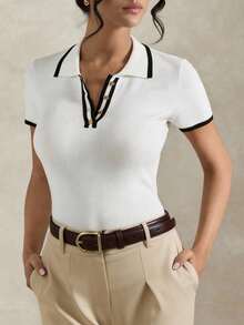 Briarwyn Summer Women's Contrast Trim Half-Zip Casual Short Sleeve Knit Top,Summer Outfits ,Vacation Outfits Women,Old Money Style - White - View 1