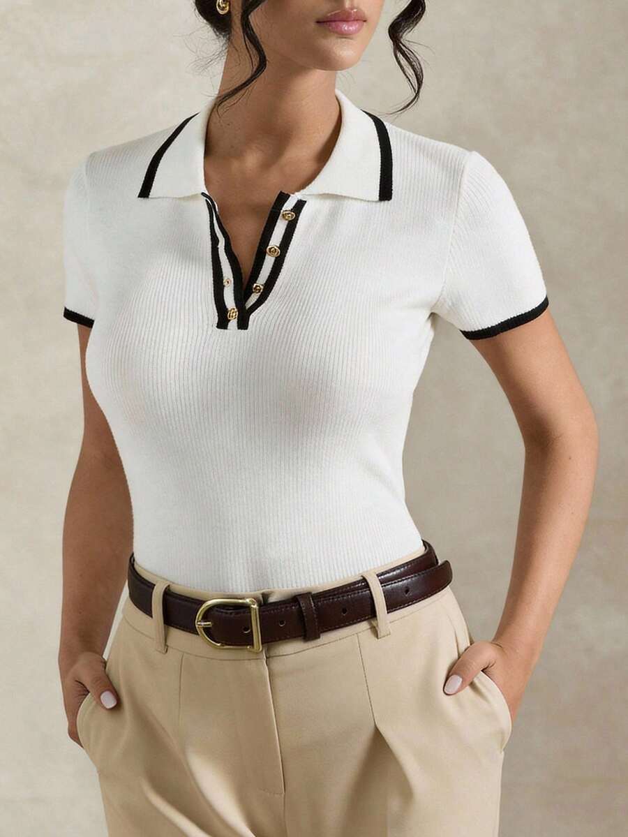 Briarwyn Summer Women's Contrast Trim Half-Zip Casual Short Sleeve Knit Top,Summer Outfits ,Vacation Outfits Women,Old Money Style - White - View 1