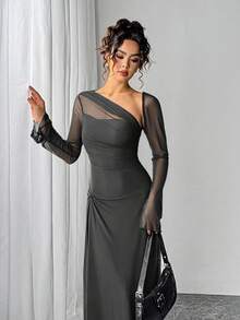 Women's Solid Color Ruched Waist Elegant Dress For Party And Occasion - Grey - View 3