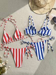 Swim Vcay Bộ áo liền quần 4 món gồm hai dây, chất liệu vải mềm, kẻ sọc, in họa tiết và thêu, có dây buộc. - Nhiều màu - Xem 4