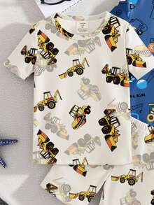 4pcs Baby Boys' Cute Cartoon Car & Excavator Print Knit Snug Fit Pajamas Round Neck Short Sleeve Shorts 4-Piece Pajama Set, Spring/Summer - Multicolor - View 4